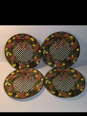 MacKenzie Childs Evergreen Enamel Salad Dessert Plate Courtly Check Set Of 4